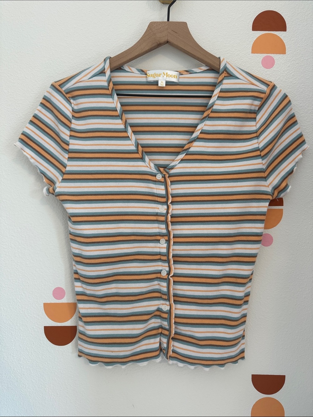 Striped V-Neck Button Front Tee in Cream, Tan & Green N0042